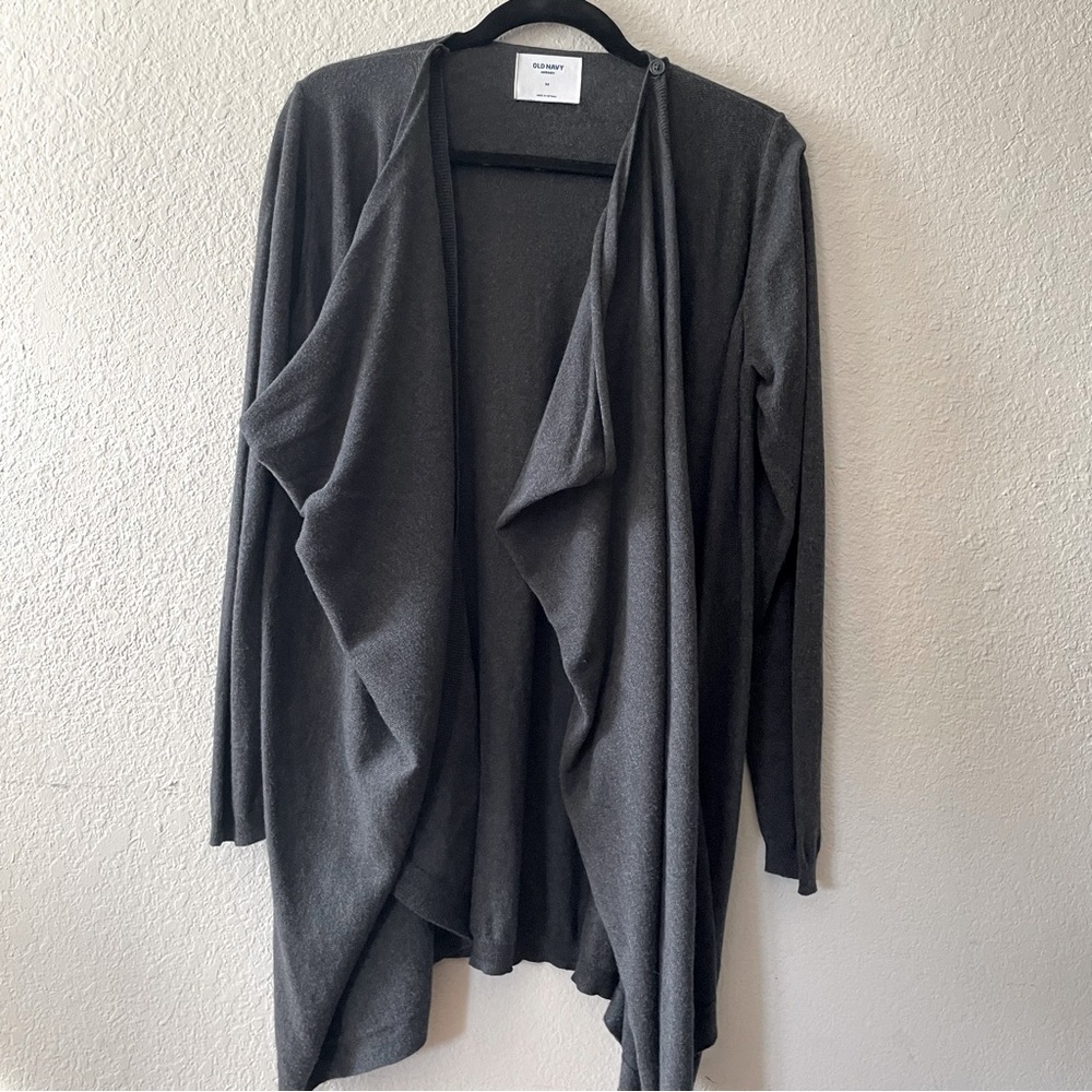 Old Navy woman casual cardigan M draped open front gray long maternity cowl neck